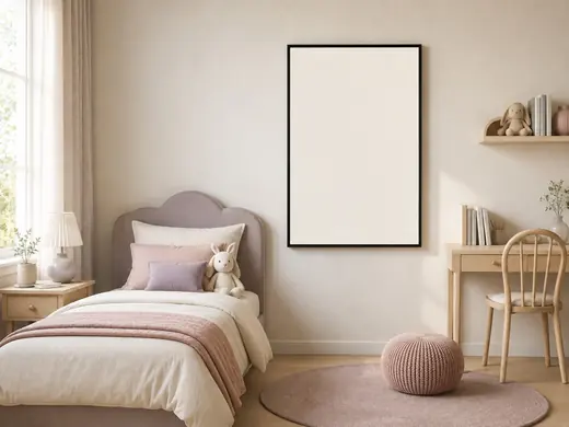 Soft bedroom wall art mockup scene with a vertical frame