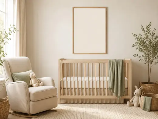 Neutral nursery wall art mockup scene with a frame above the crib