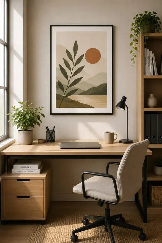 Clean home office wall art mockup with a framed print above a desk